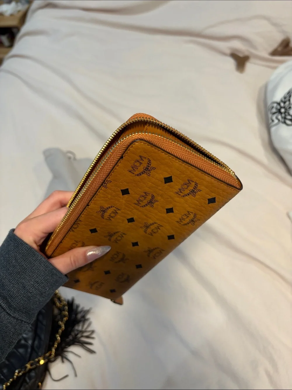MCM Visetos Zip Wallet in Cognac Brown with Black Logo